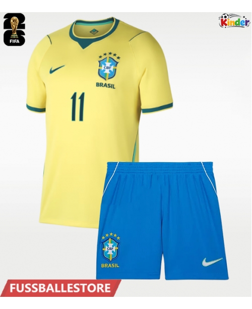 Günstige Brasilien Raphinha Belloli #11 Heimtrikotsatz Kinder WM 2026 Kurzarm (+ Kurze Hosen)